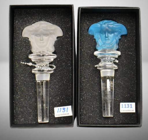 (2) Rosenthal Versace Medusa bottle stoppers, aquamarine and clear frosted