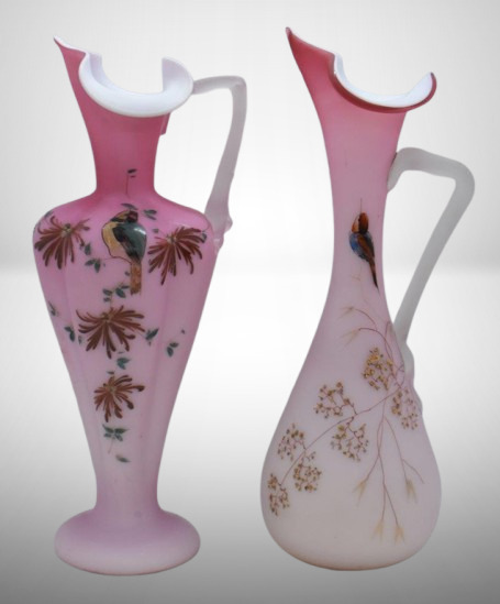 (2) Victorian pink cased satin glass 10" ewers, bird and floral design