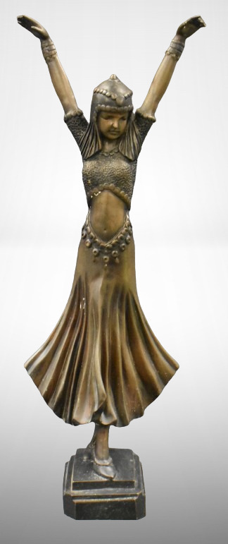 Bronze sculpture of elegant belly dancer, 25" tall, signed Jessica