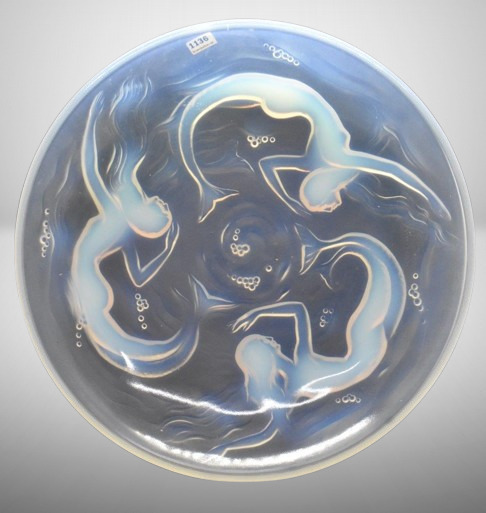 Made in France Art Deco frosted glass 13.5" bowl w/ 3 mermaids