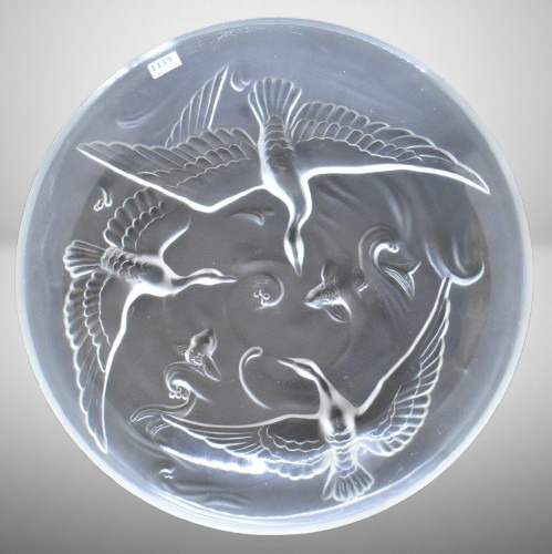 Signed Verlys frosted Art Glass 13.5" bowl decorated w/ birds and koi fish