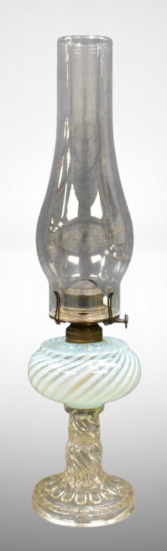 Pastel green opalescent 7" Banbury kerosene lamp in Swirl pattern