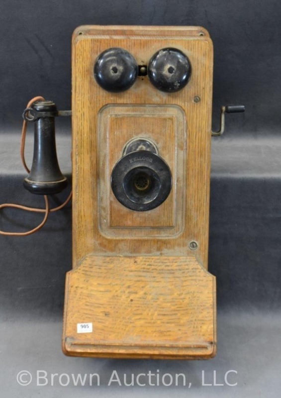 Oak Kellogg wall mount hand crank telephone