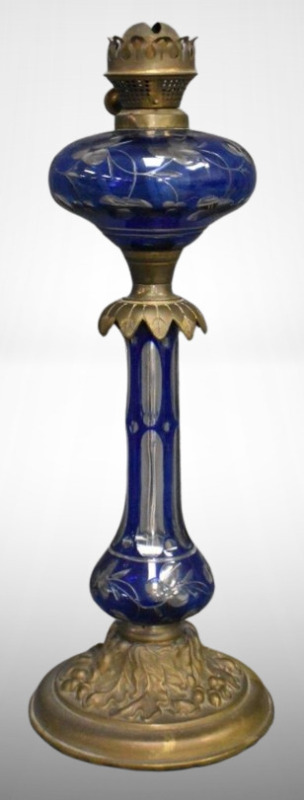 English cobalt cut-to-clear 19" kerosene lamp, floral design w/ embossed acorns and leaves metal base