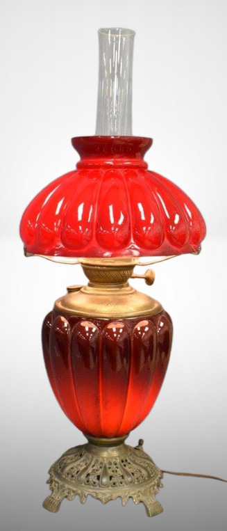 Victorian dark red "Success" converted oil lamp, 16" to top of shade