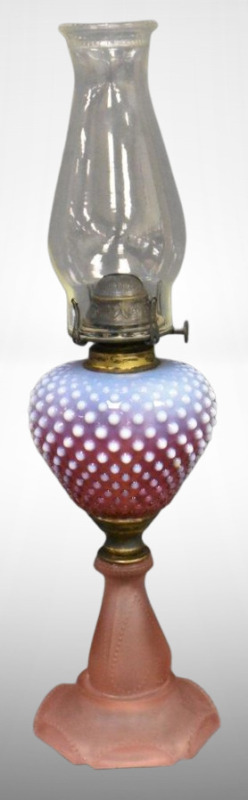 Cranberry opalescent Hobnail kerosene lamp w/ unique frosted pink base