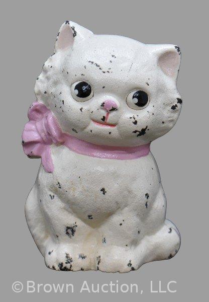 Cast Iron sitting cat bank, pink bow, 5"h