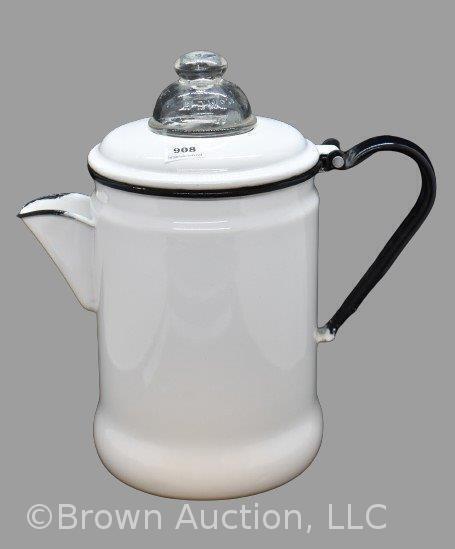 White enamelware coffee pot with McKee GlasBake clear top
