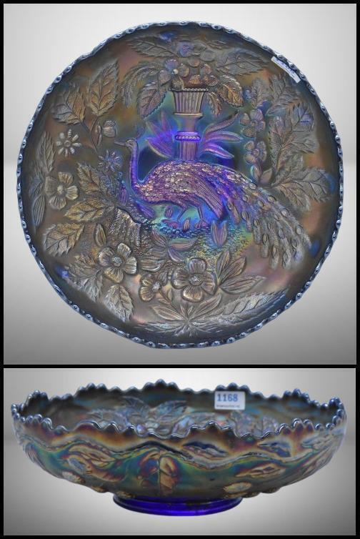 Carnival Glass Peacock and Urn/ Blackberry 2.5"h x 7.5"d bowl, cobalt