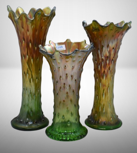 (3) Carnival Glass Tree Trunk (Northwood) green vases