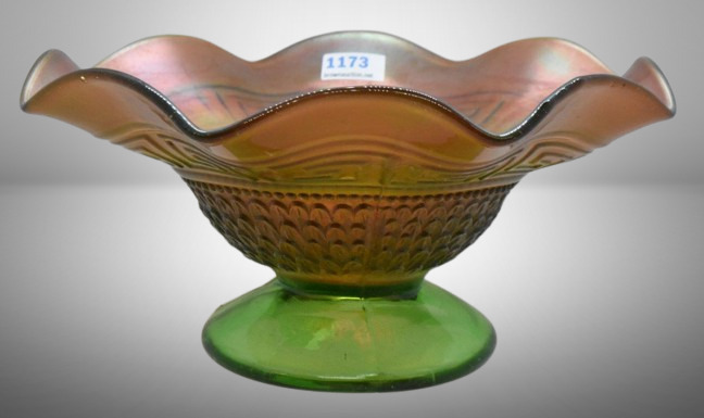 Carnival Glass Greek Key (Northwood) 3.5"h dome ftd. bowl, green