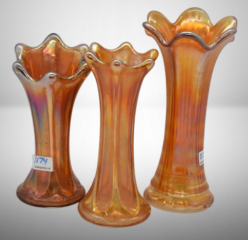 (3) Carnival Glass marigold vases