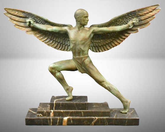 Max LeVerrier Art Deco bronze sculpture of winged Icarus male nude on step marble base