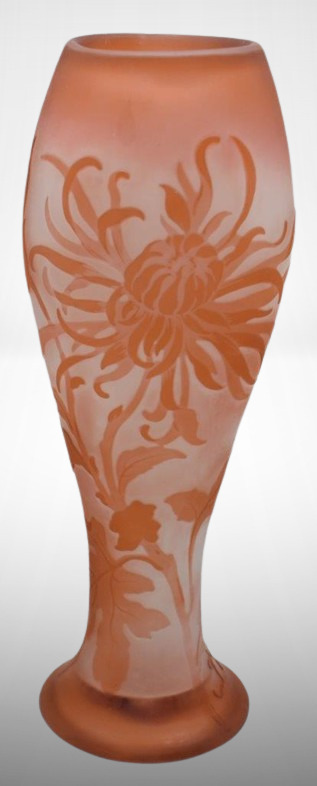 Signed and numbered Galle Cameo 8" vase, orange over clear, chrysanthemums