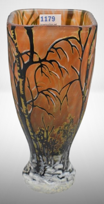 Signed Daum Nancy Cameo and Enameled 7" vase, Winter landscape