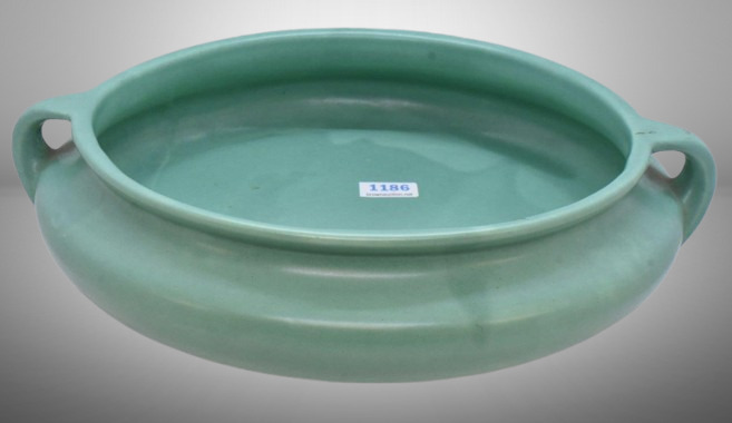 Roseville? green 2"h x 9"d dbl. handled bowl