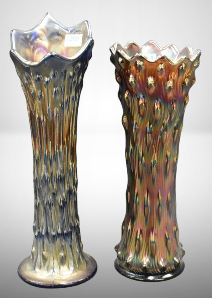 (2) Carnival Glass vases: 9.5" Rustic, amy; 11" April Showers, cobalt