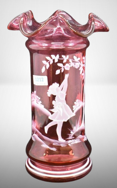 Cranberry Mary Gregory-style 9" vase, girl picking apples