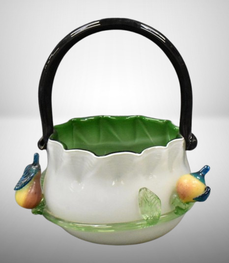 Cased Art Glass basket w/ applied fruit/ branch and leaves