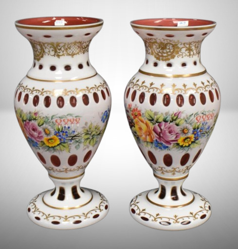 Pair of Cranberry cut-to-clear 17" mantel vases, colorful enameled flowers