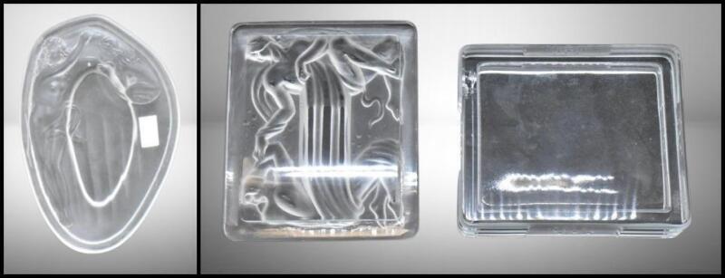 (2) Lalique-look pcs. featuringl nudes: 6.5" x 4.5" trinket dish; 4.5" x 3.5" cov. box (mrkd. Made in Japan)