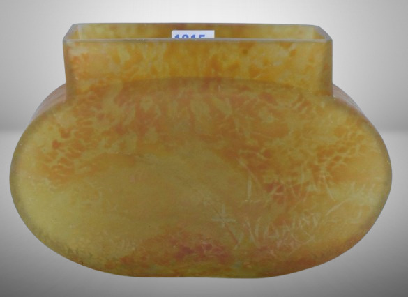 Signed Daum Nancy Art Glass pillow vase in beautiful yellow smoked glass