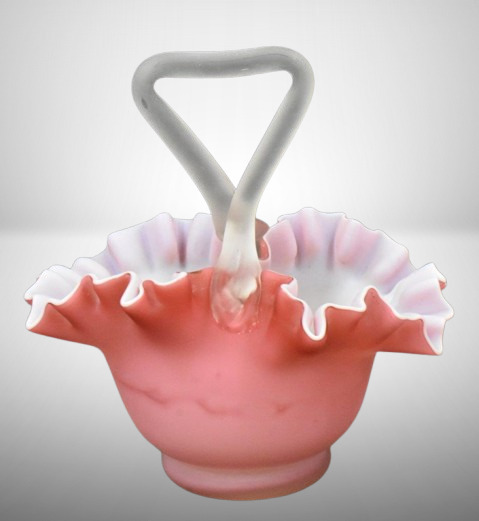 Pink satin cased basket, tight ruffled rim and frosted twist handle