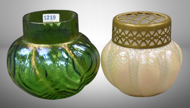 (2) Loetz-style Art Glass vases: irid. green, 4"h; irid. pearl white w/ flower frog top, 3.75"
