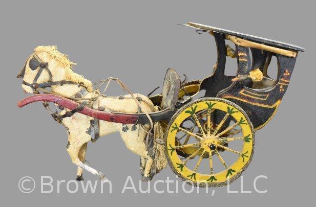 Vintage paper mache horse pulling wooden carriage