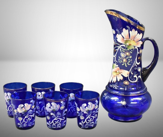 Victorian cobalt 7 pc. water w/ large enameled flowers