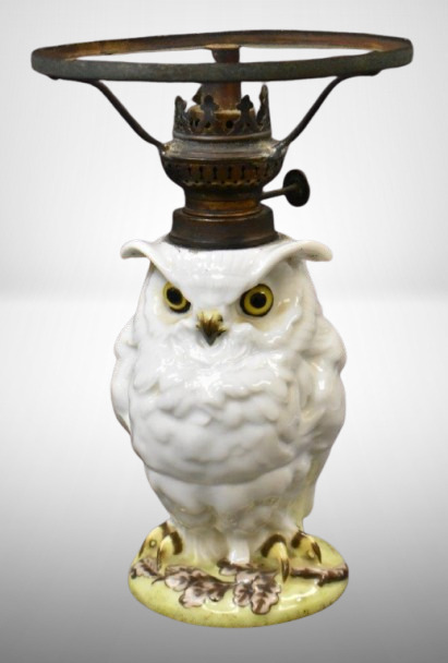 William Whiteey French ceramic figural owl kerosene lamp