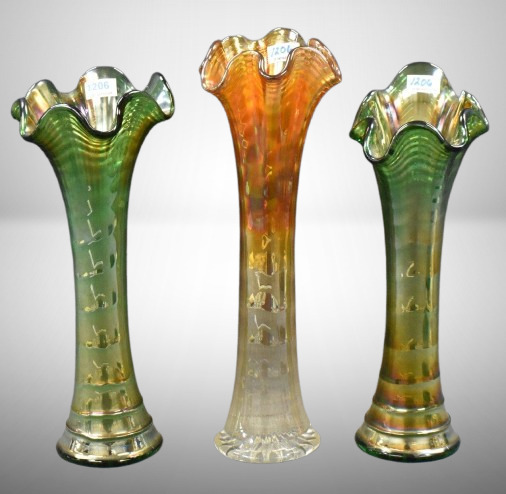 (3) Carnival Glass vases: 2-10" green Ripple; 1-11" marigold