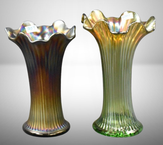 (2) Carnival Glass Northwood Fine Rib vases: 7.5" amy; 8" green