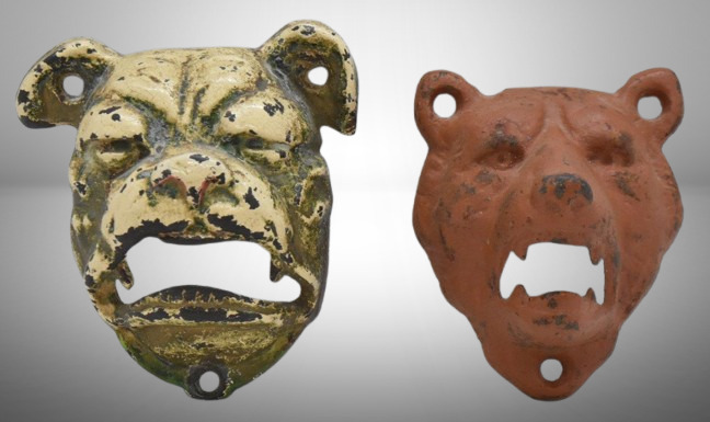 (2) Cast Iron bottle openers: grizzly bear and bulldog