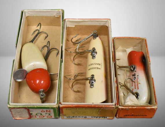 (3) Vintage fishing lures incl. Heddon and Shakespeare