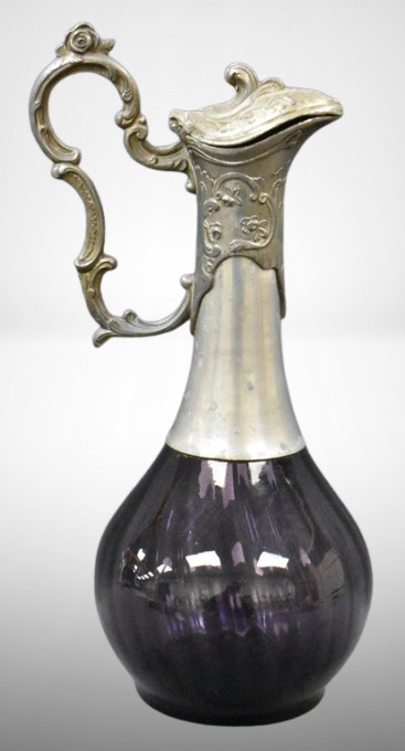 Pewter and glass 13" tall carafe, amethyst body