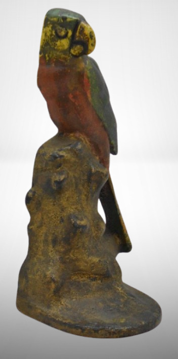 Cast Iron painted Parrot on stump door stop