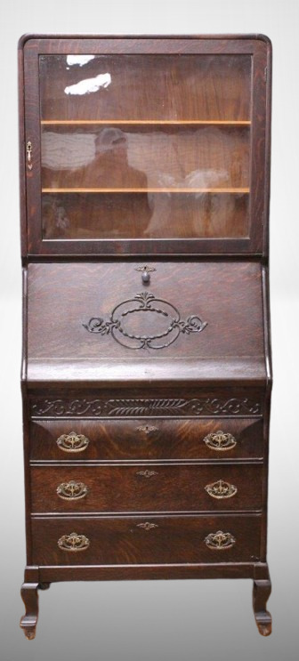 Oak drop slant-front secretary desk/ bookcase, 3 drawers below