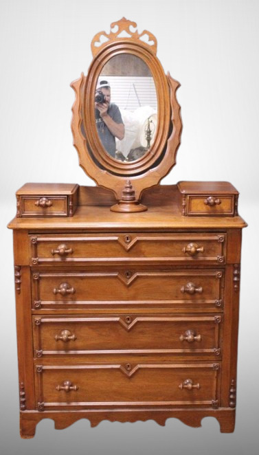 Victorian walnut wishbone dresser w/ swivel vanity mirror, 2 handkerchief boxes, wood handles