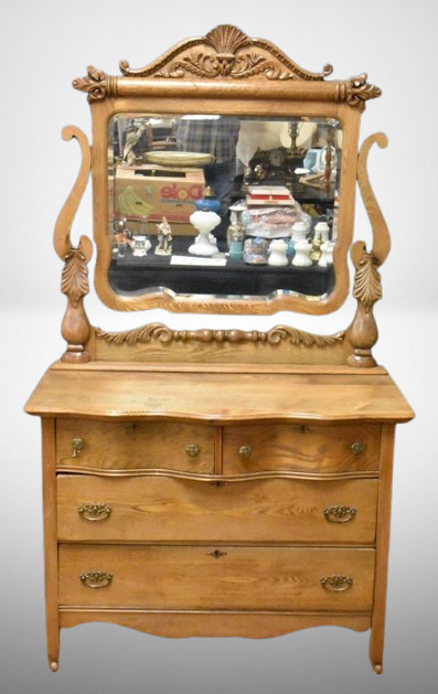 Antique dresser w/ large and ornate swing mirror, 4-drawer