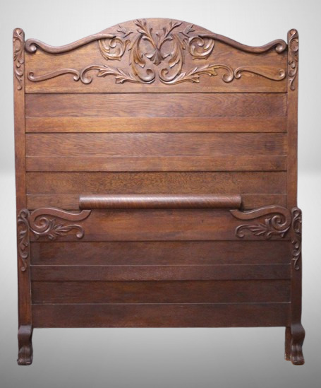 Antique head board and foot board, ornate applied decorations