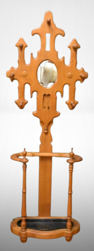 Antique hall coat stand w/ hat racks and umbrella holder, oval mirror