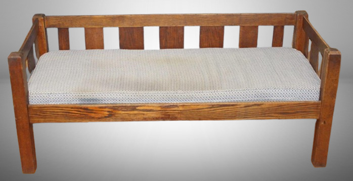 Mission Oak even arm settle couch w/ upholstered cushion