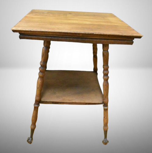 Oak parlor table, spindle legs, glass ball and claw feet