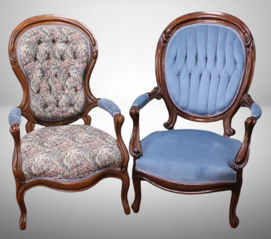 (2) Antique parlor armed side chairs, ornate wood frames