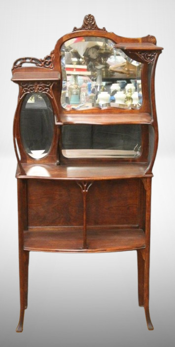 Victorian etagere w/ carved scrolls on top and braces, 5-shelves, beveled glass accent mirrors