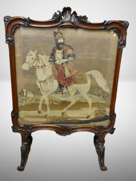 Ornate rococo firescreen w/ floral carvings and scenic needlepoint panel