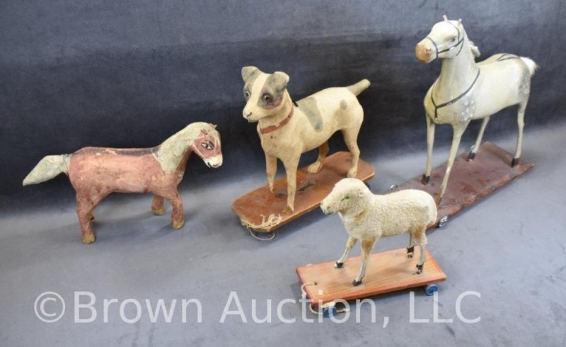 (4) Vintage paper mache pull toy animals