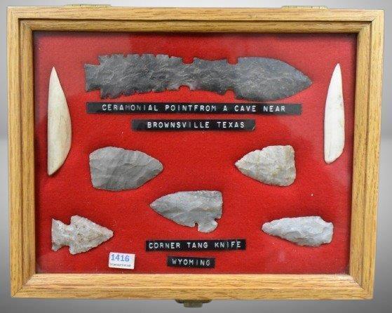 (8) Native American artifacts incl. ceremonial point from cave near Brownsville, TX, corner tang knive/ Wyoming, points, etc.