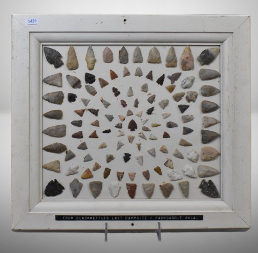 Framed display of Native American Indian arrowheads